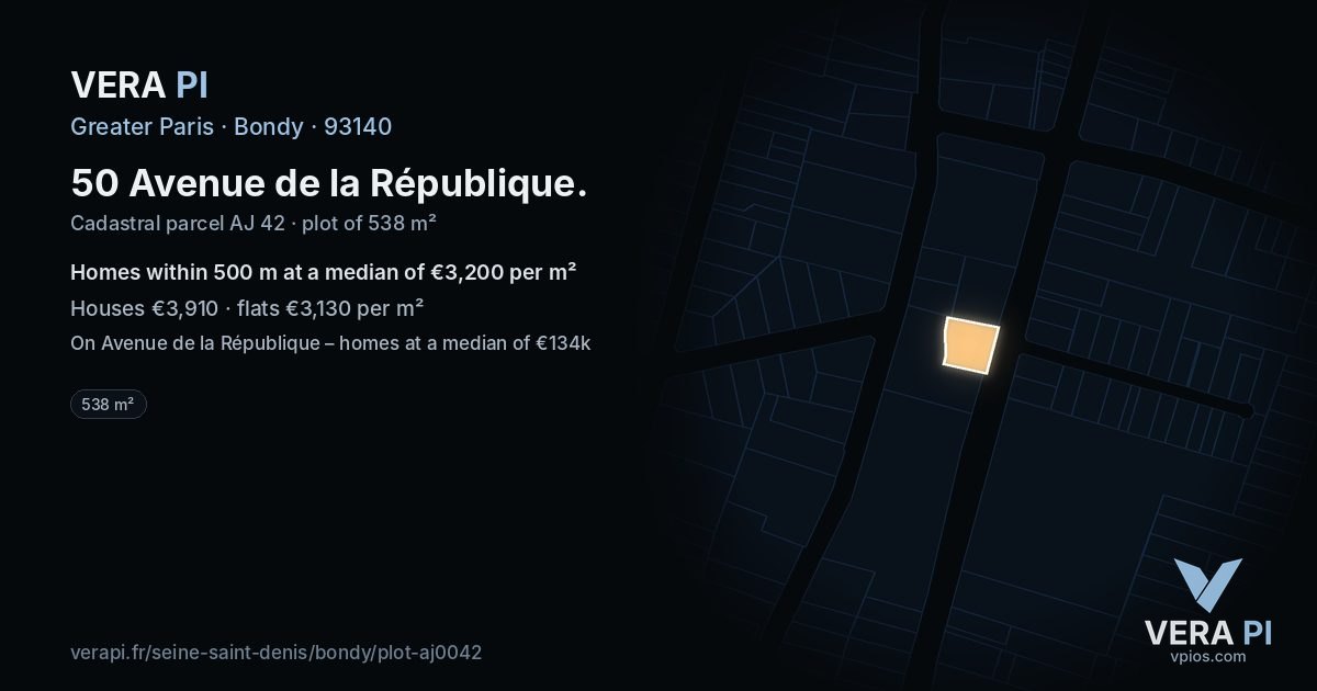 50 Avenue de la République, Bondy at night – the plot lit, the parcels around coloured by the prices near them