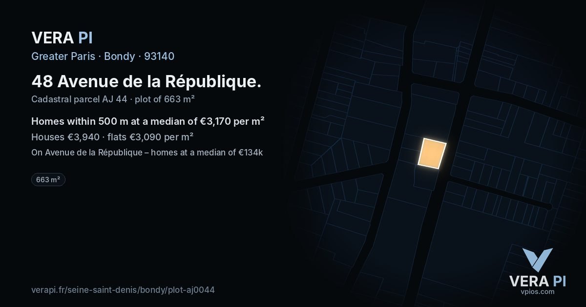 48 Avenue de la République, Bondy at night – the plot lit, the parcels around coloured by the prices near them