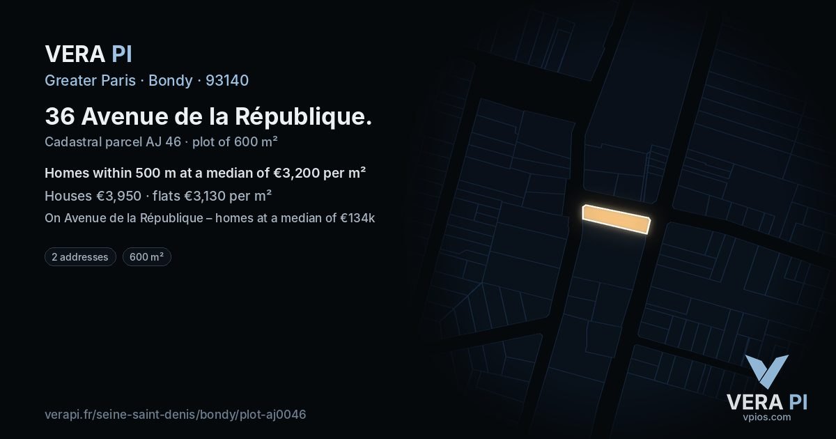 36 Avenue de la République, Bondy at night – the plot lit, the parcels around coloured by the prices near them