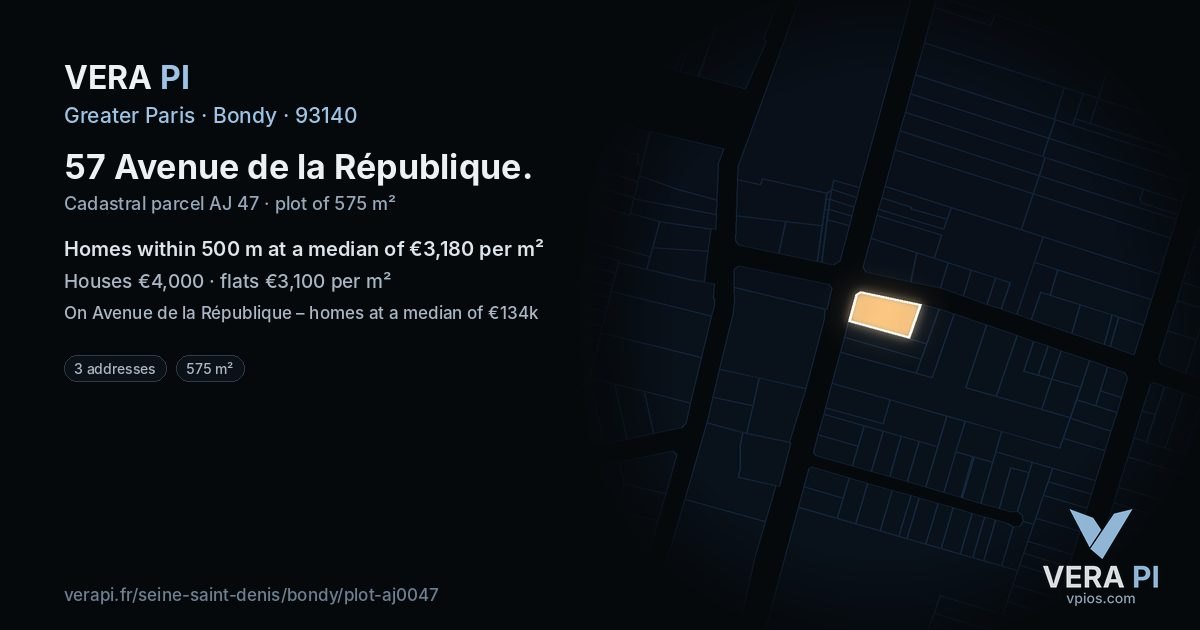 57 Avenue de la République, Bondy at night – the plot lit, the parcels around coloured by the prices near them