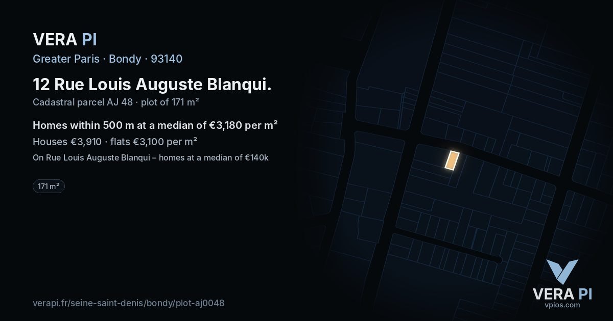 12 Rue Louis Auguste Blanqui, Bondy at night – the plot lit, the parcels around coloured by the prices near them
