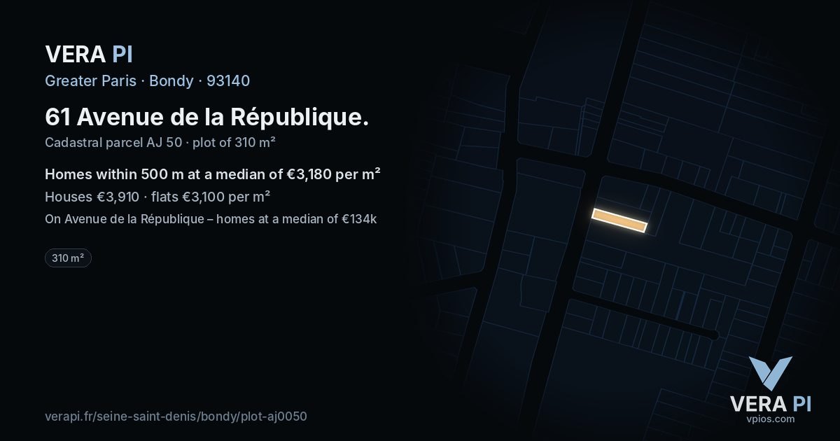 61 Avenue de la République, Bondy at night – the plot lit, the parcels around coloured by the prices near them