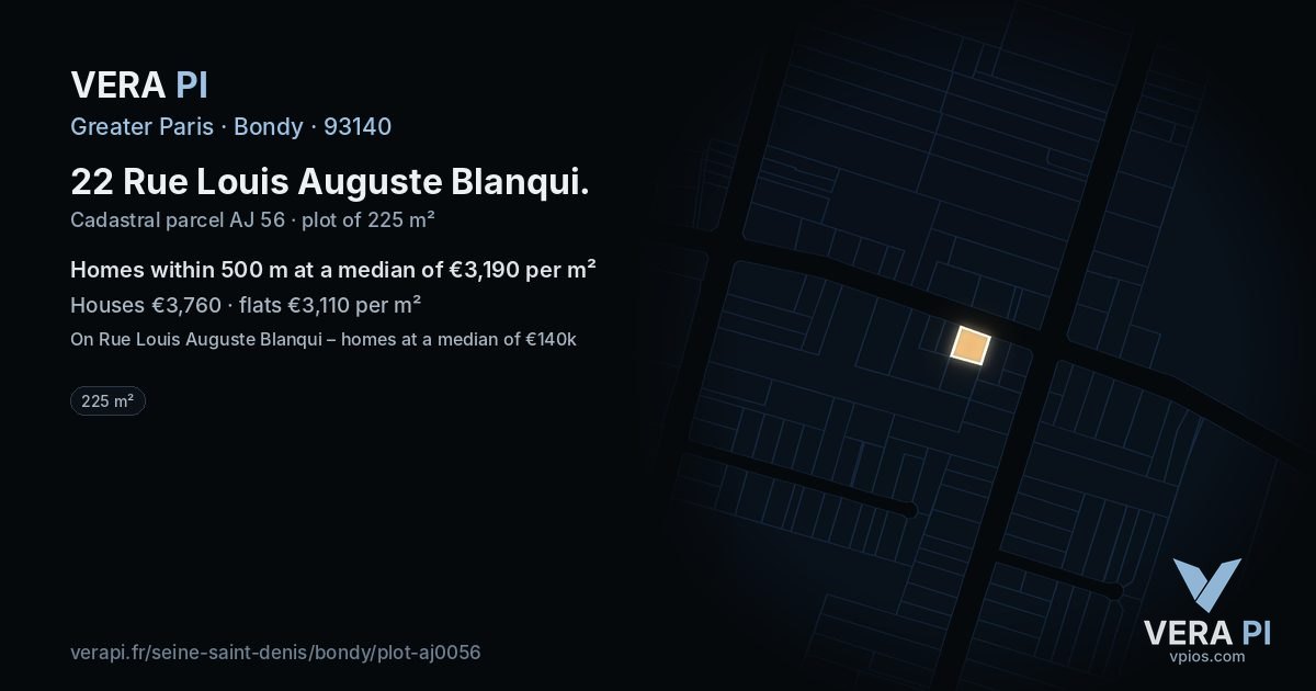 22 Rue Louis Auguste Blanqui, Bondy at night – the plot lit, the parcels around coloured by the prices near them