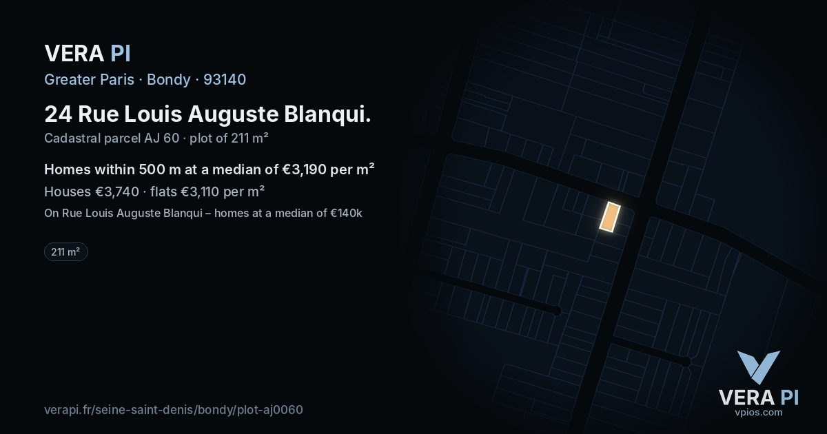 24 Rue Louis Auguste Blanqui, Bondy at night – the plot lit, the parcels around coloured by the prices near them
