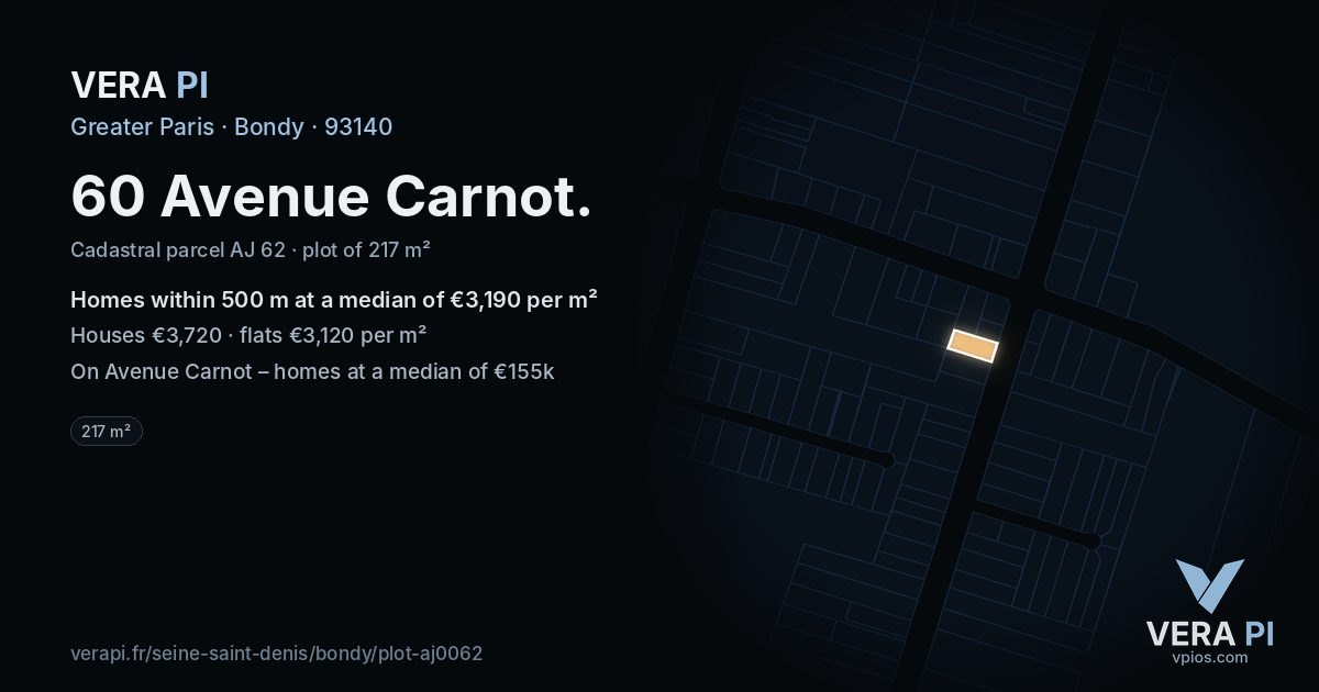 60 Avenue Carnot, Bondy at night – the plot lit, the parcels around coloured by the prices near them