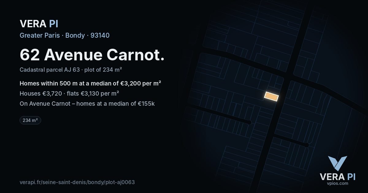 62 Avenue Carnot, Bondy at night – the plot lit, the parcels around coloured by the prices near them