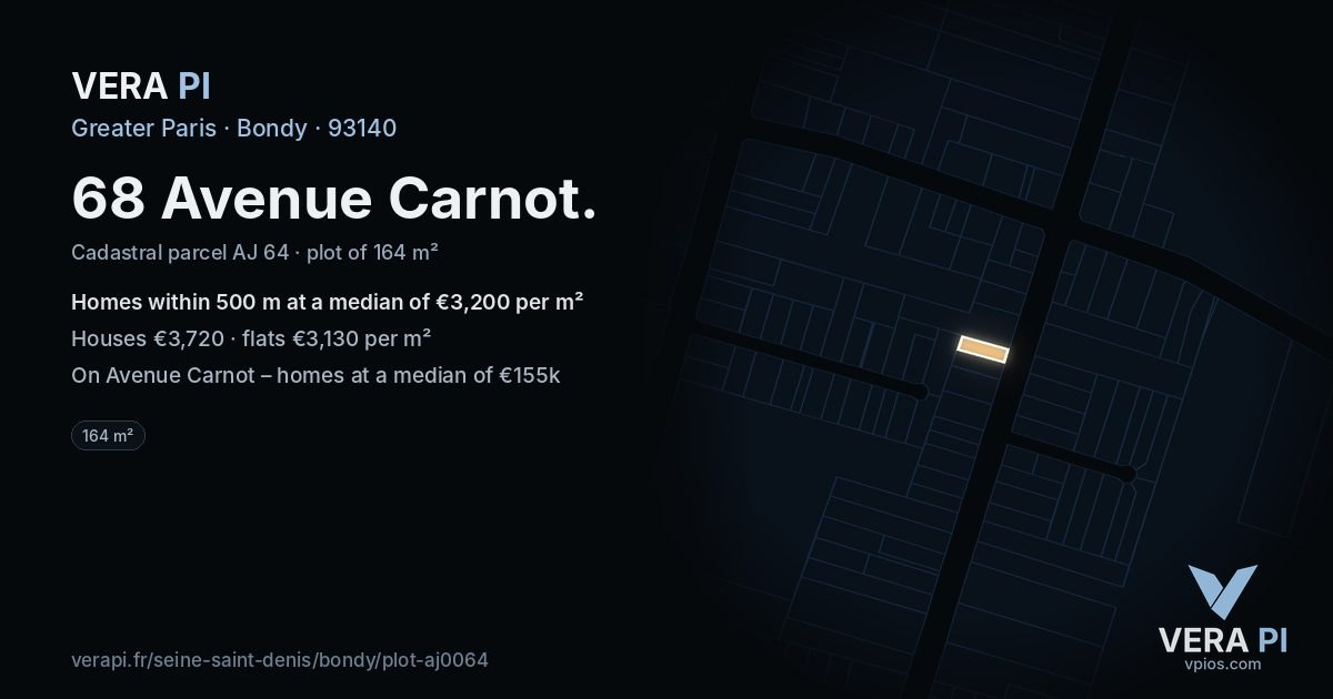 68 Avenue Carnot, Bondy at night – the plot lit, the parcels around coloured by the prices near them