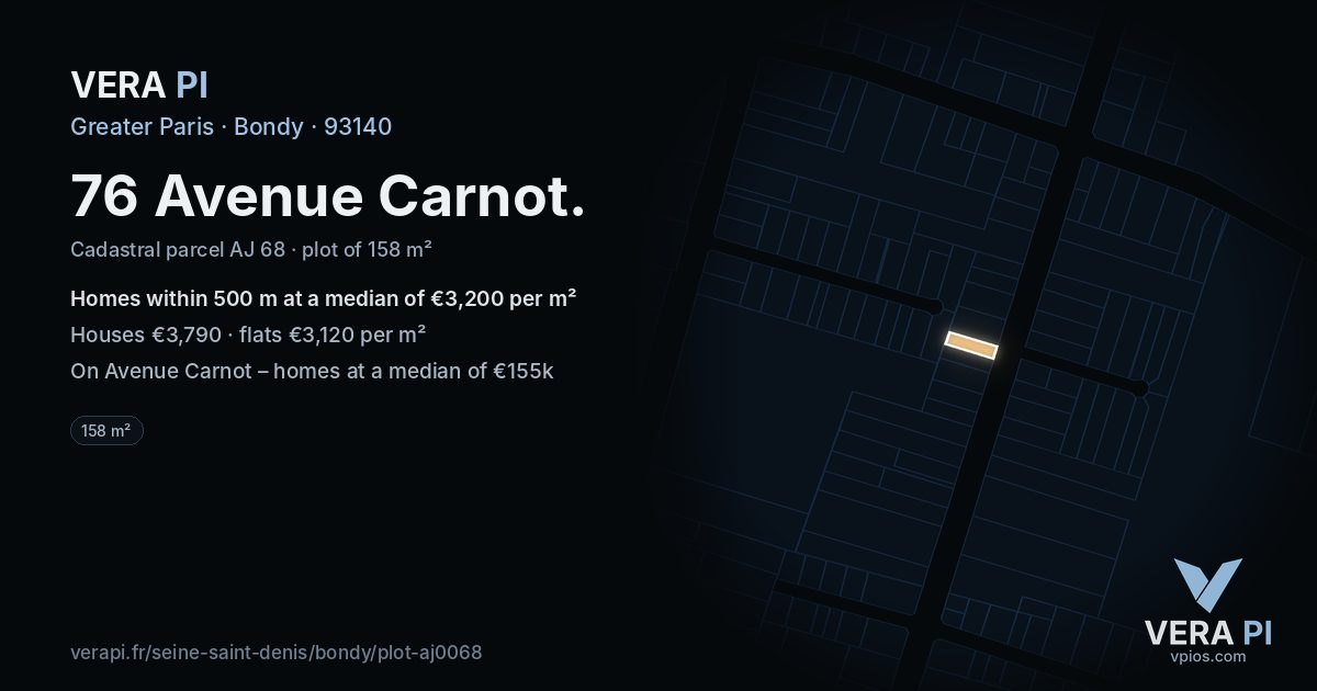 76 Avenue Carnot, Bondy at night – the plot lit, the parcels around coloured by the prices near them