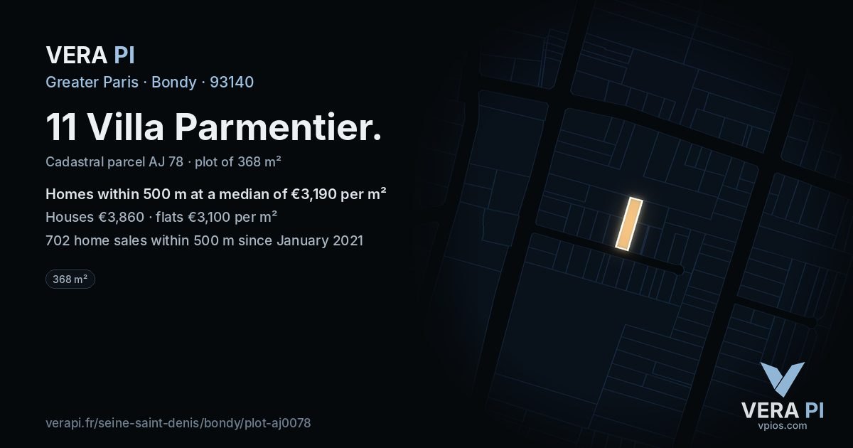 11 Villa Parmentier, Bondy at night – the plot lit, the parcels around coloured by the prices near them