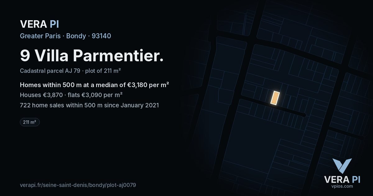 9 Villa Parmentier, Bondy at night – the plot lit, the parcels around coloured by the prices near them