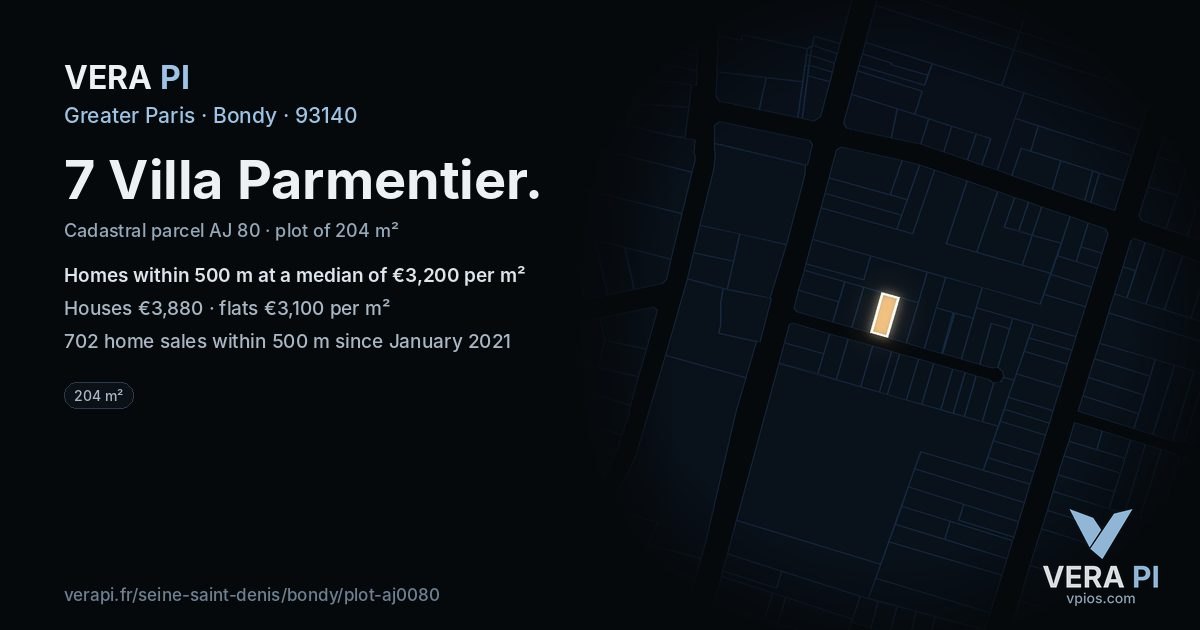 7 Villa Parmentier, Bondy at night – the plot lit, the parcels around coloured by the prices near them