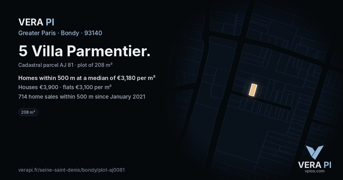 5 Villa Parmentier, Bondy at night – the plot lit, the parcels around coloured by the prices near them