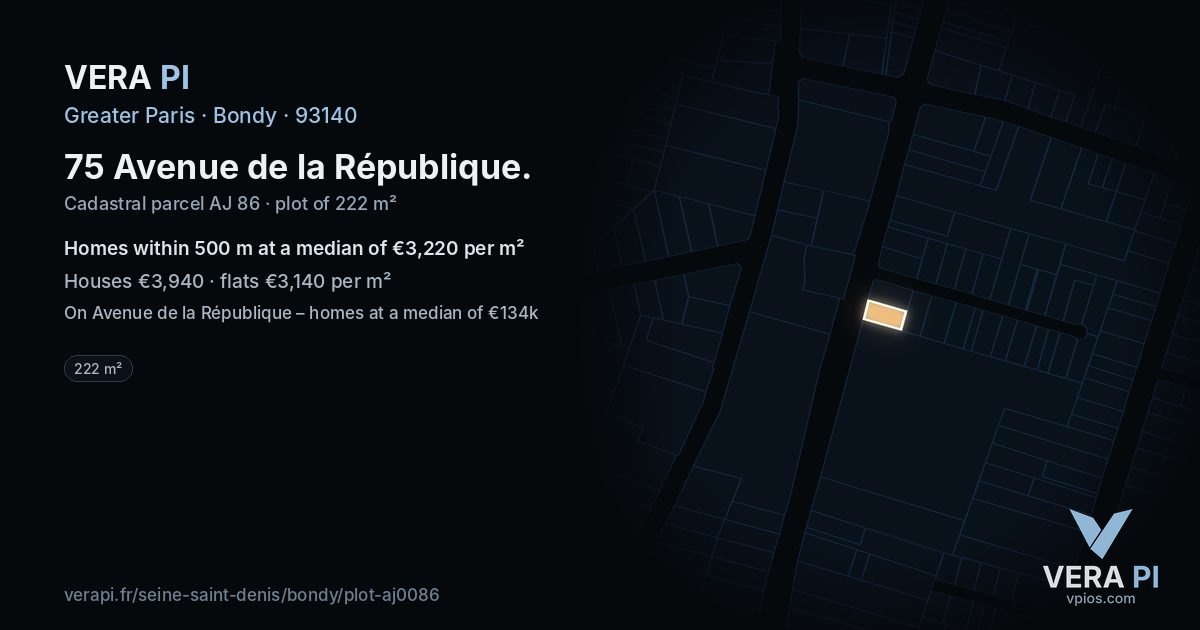 75 Avenue de la République, Bondy at night – the plot lit, the parcels around coloured by the prices near them