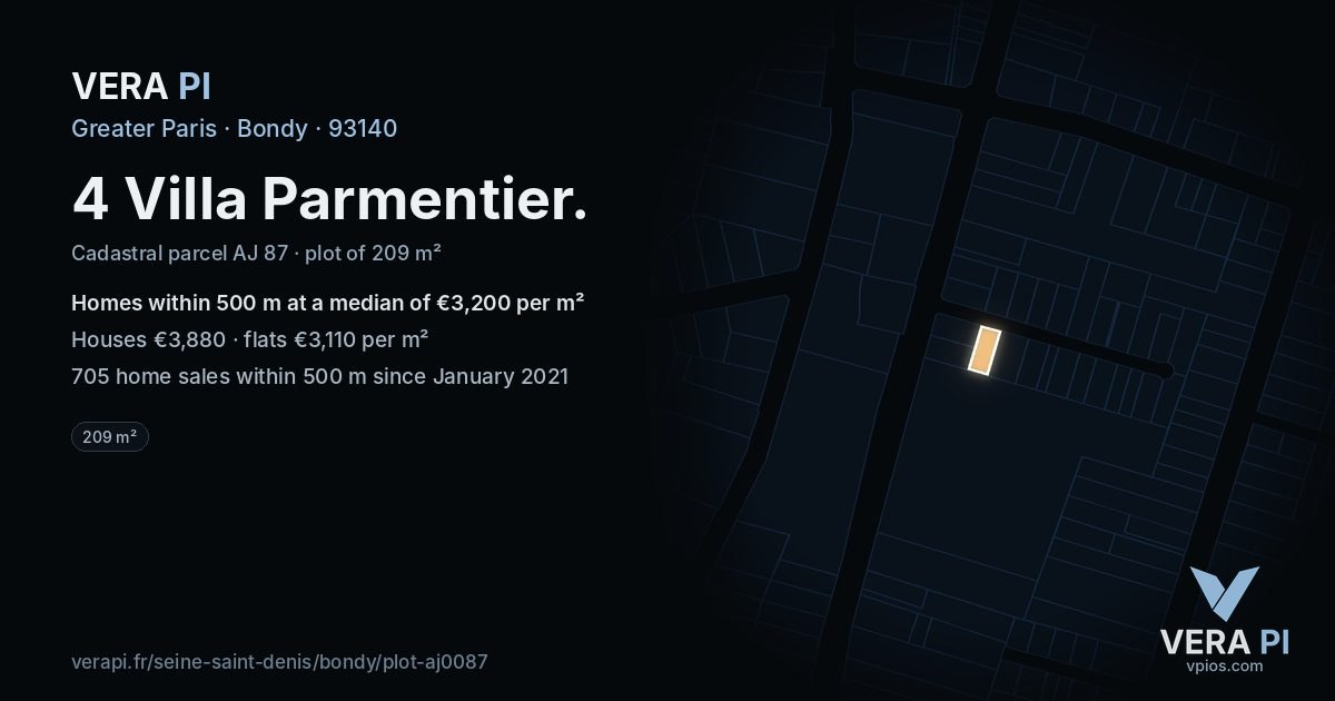 4 Villa Parmentier, Bondy at night – the plot lit, the parcels around coloured by the prices near them