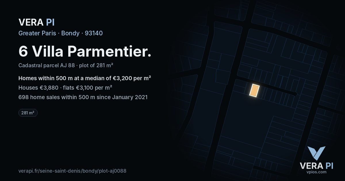 6 Villa Parmentier, Bondy at night – the plot lit, the parcels around coloured by the prices near them