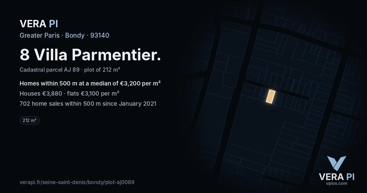 8 Villa Parmentier, Bondy at night – the plot lit, the parcels around coloured by the prices near them