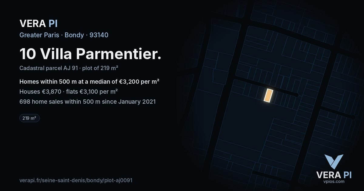 10 Villa Parmentier, Bondy at night – the plot lit, the parcels around coloured by the prices near them
