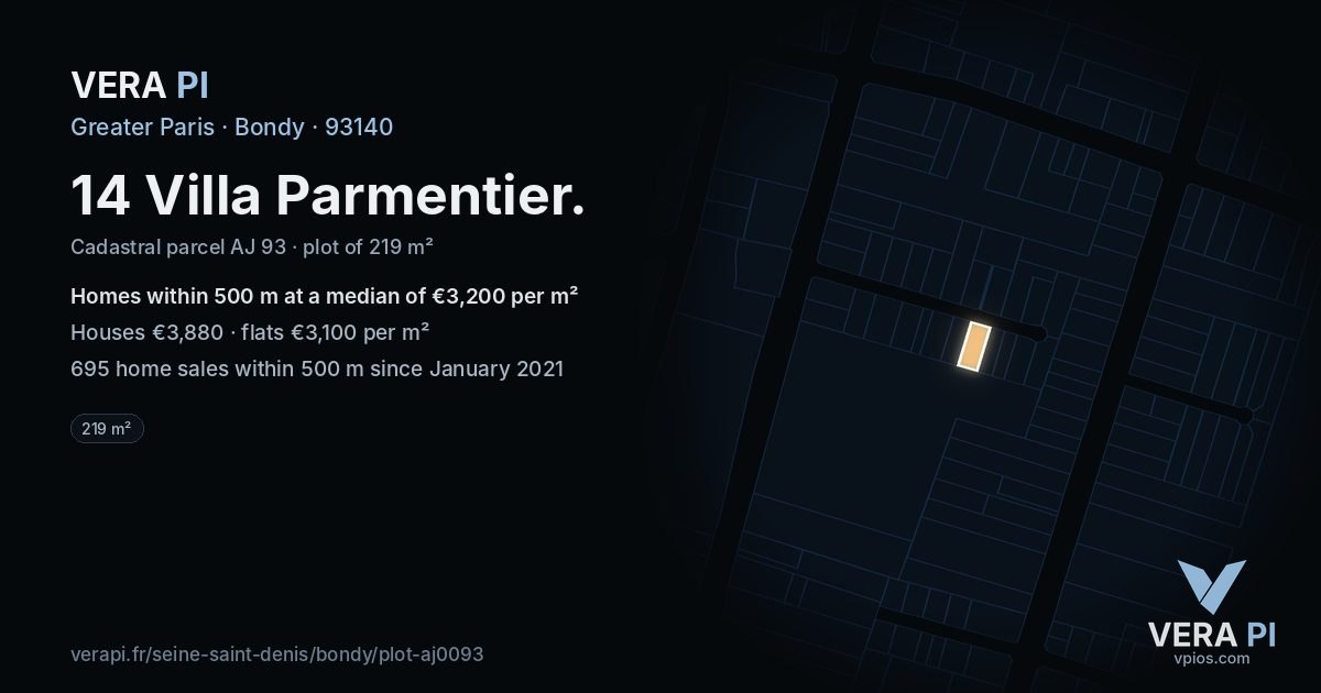 14 Villa Parmentier, Bondy at night – the plot lit, the parcels around coloured by the prices near them