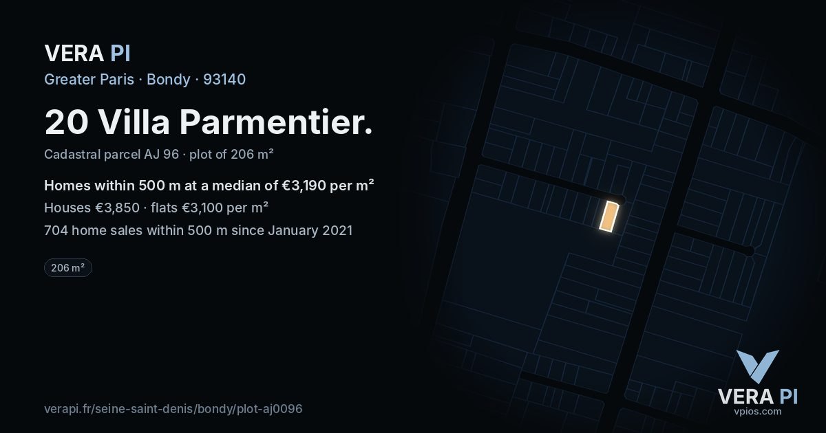 20 Villa Parmentier, Bondy at night – the plot lit, the parcels around coloured by the prices near them