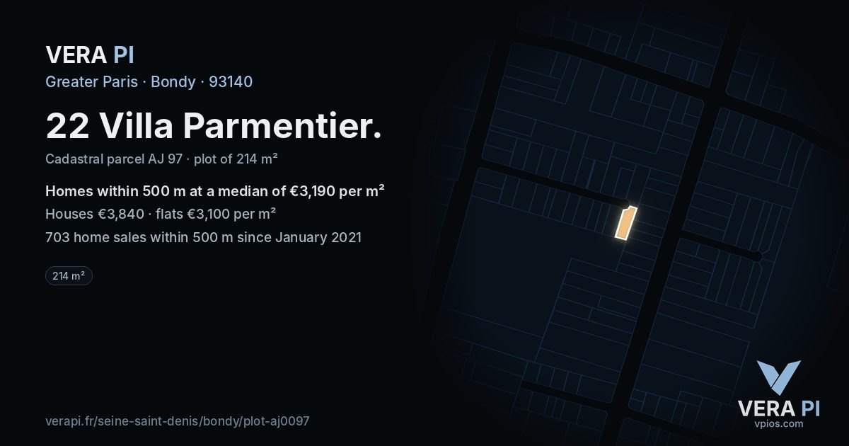 22 Villa Parmentier, Bondy at night – the plot lit, the parcels around coloured by the prices near them