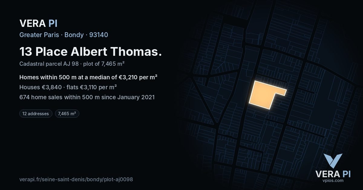 13 Place Albert Thomas, Bondy at night – the plot lit, the parcels around coloured by the prices near them