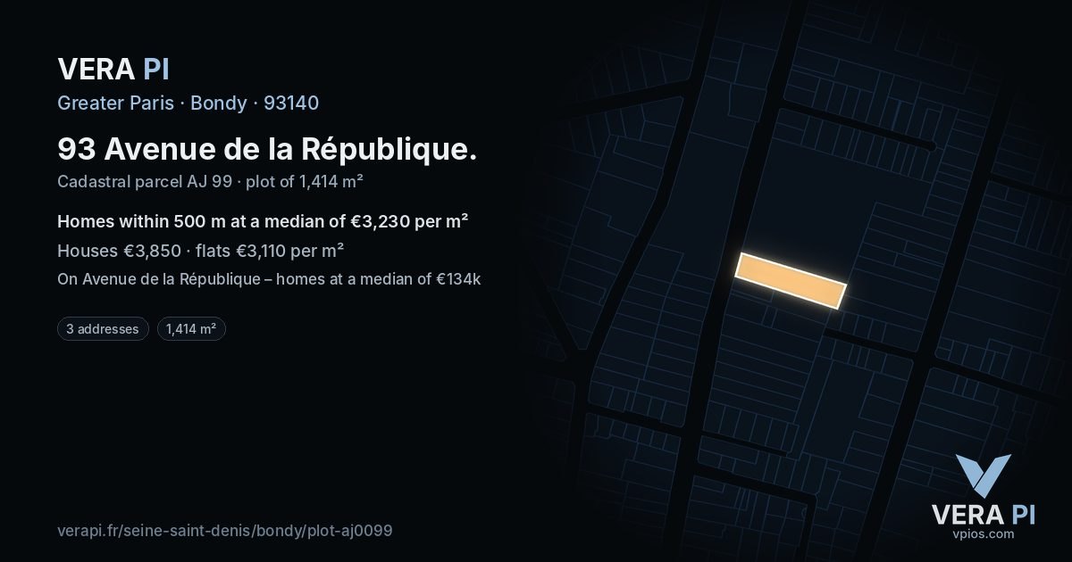 93 Avenue de la République, Bondy at night – the plot lit, the parcels around coloured by the prices near them