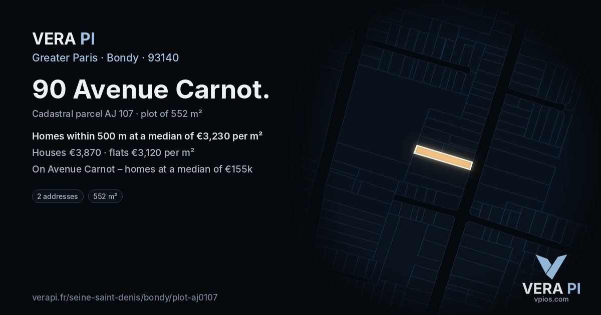 90 Avenue Carnot, Bondy at night – the plot lit, the parcels around coloured by the prices near them