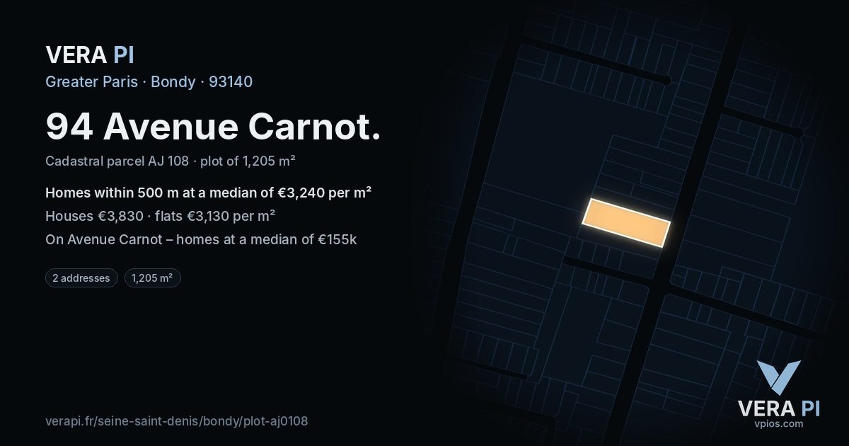 94 Avenue Carnot, Bondy at night – the plot lit, the parcels around coloured by the prices near them