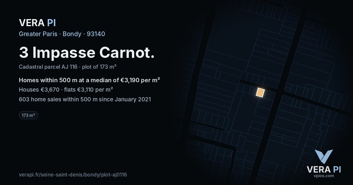 3 Impasse Carnot, Bondy at night – the plot lit, the parcels around coloured by the prices near them