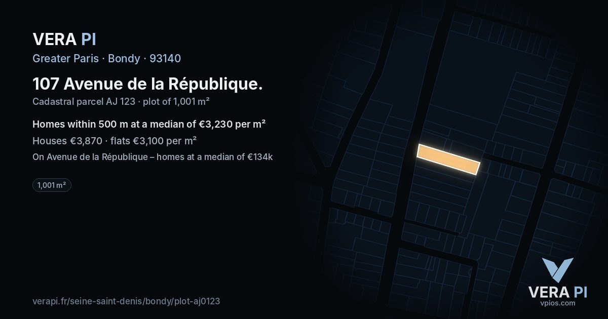 107 Avenue de la République, Bondy at night – the plot lit, the parcels around coloured by the prices near them