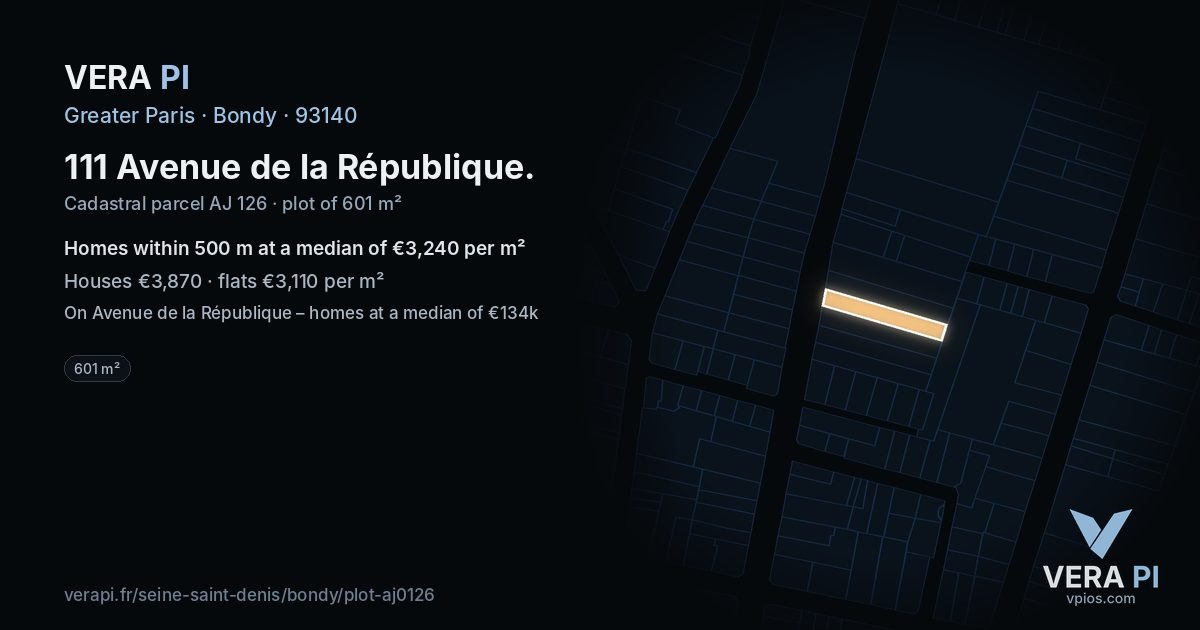 111 Avenue de la République, Bondy at night – the plot lit, the parcels around coloured by the prices near them