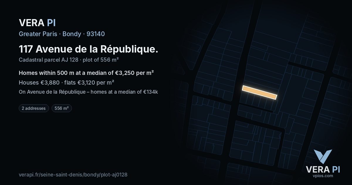 117 Avenue de la République, Bondy at night – the plot lit, the parcels around coloured by the prices near them
