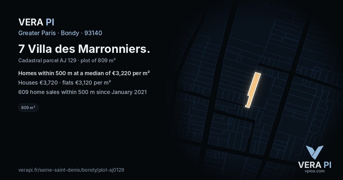 7 Villa des Marronniers, Bondy at night – the plot lit, the parcels around coloured by the prices near them