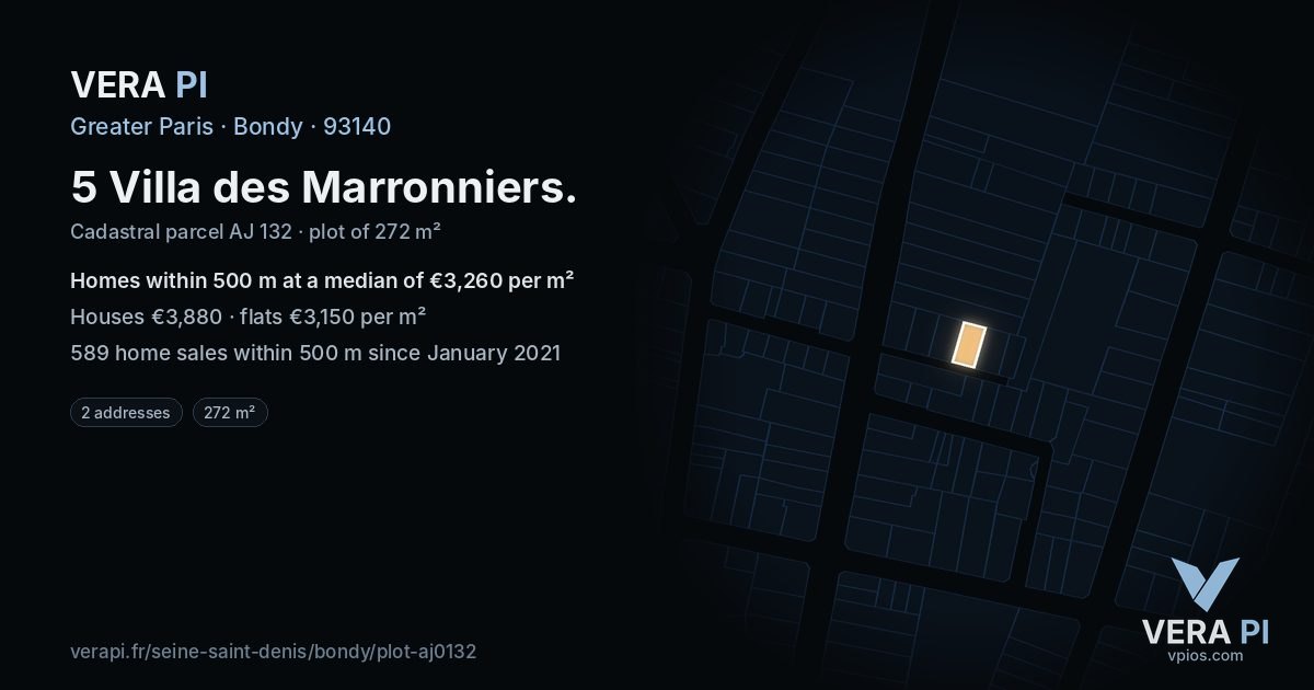 5 Villa des Marronniers, Bondy at night – the plot lit, the parcels around coloured by the prices near them