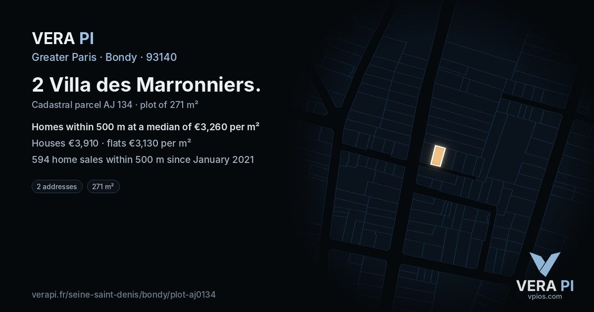 2 Villa des Marronniers, Bondy at night – the plot lit, the parcels around coloured by the prices near them