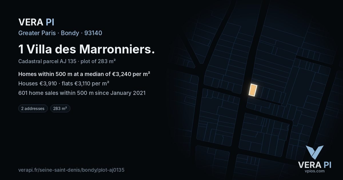 1 Villa des Marronniers, Bondy at night – the plot lit, the parcels around coloured by the prices near them
