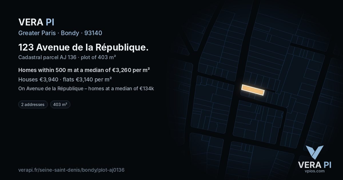 123 Avenue de la République, Bondy at night – the plot lit, the parcels around coloured by the prices near them