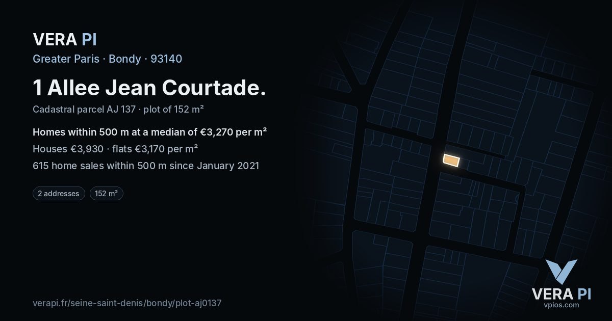 1 Allee Jean Courtade, Bondy at night – the plot lit, the parcels around coloured by the prices near them