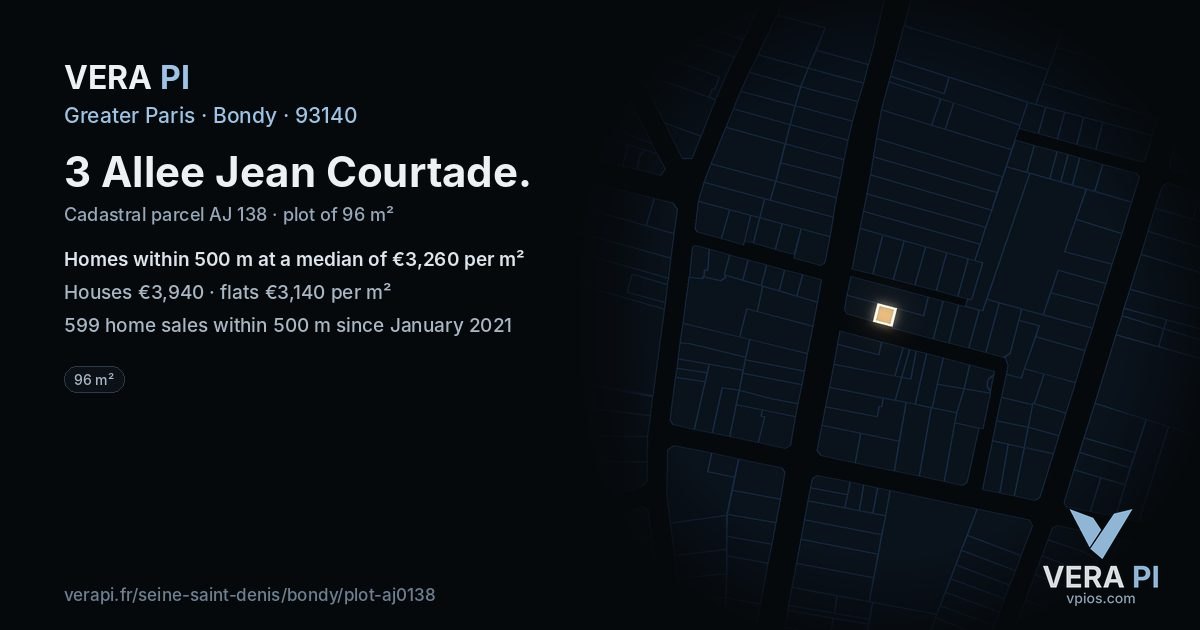 3 Allee Jean Courtade, Bondy at night – the plot lit, the parcels around coloured by the prices near them