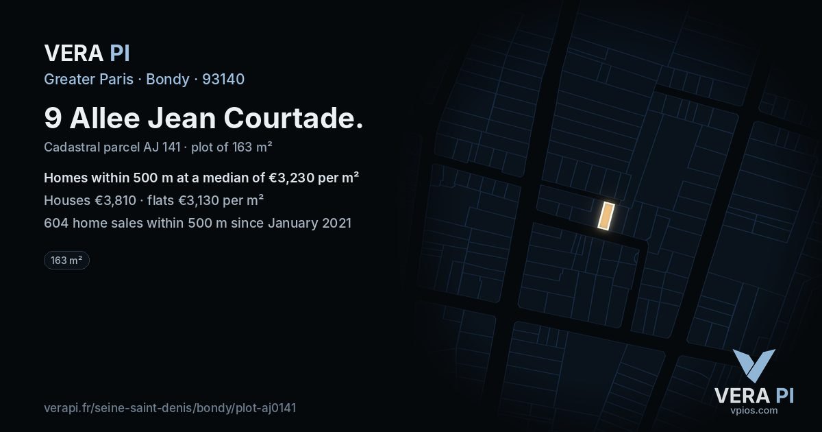 9 Allee Jean Courtade, Bondy at night – the plot lit, the parcels around coloured by the prices near them