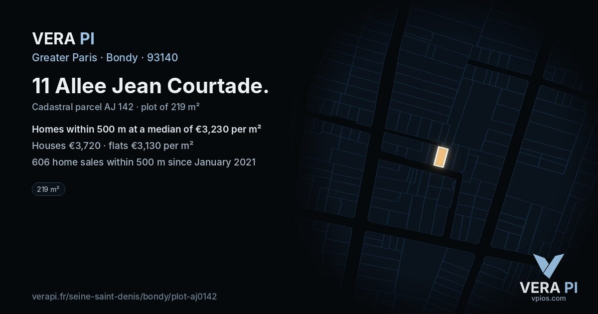 11 Allee Jean Courtade, Bondy at night – the plot lit, the parcels around coloured by the prices near them