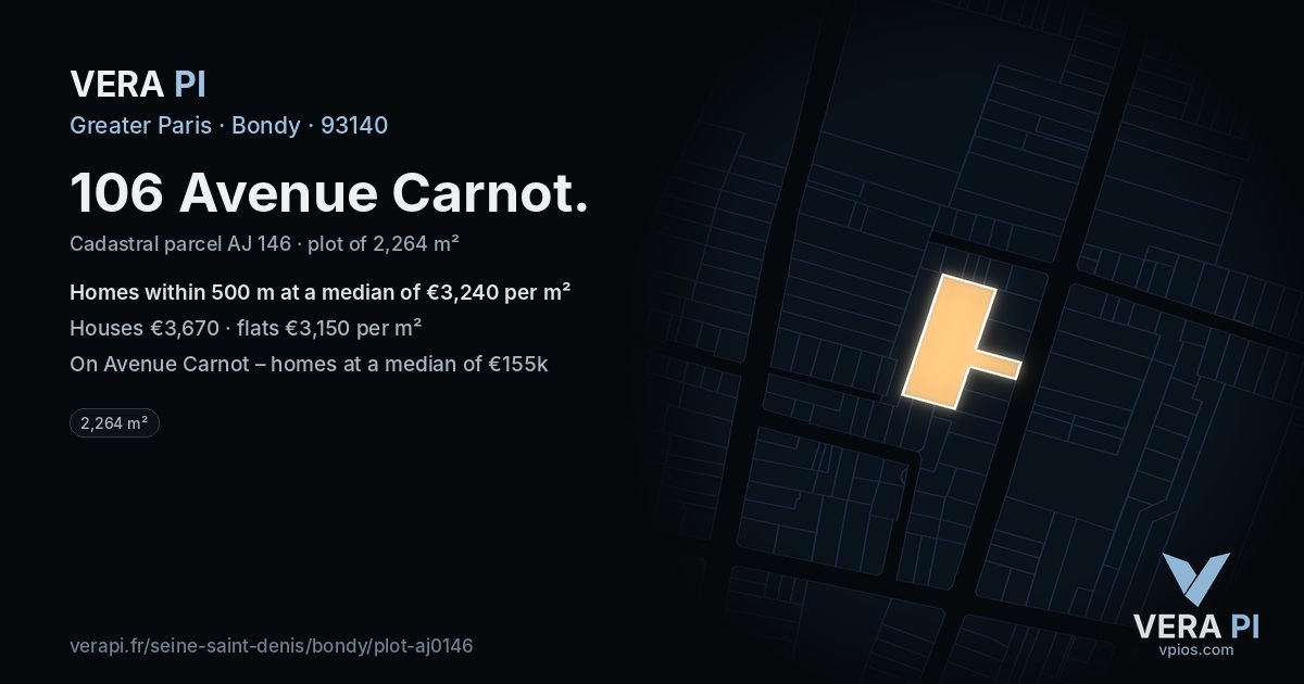 106 Avenue Carnot, Bondy at night – the plot lit, the parcels around coloured by the prices near them