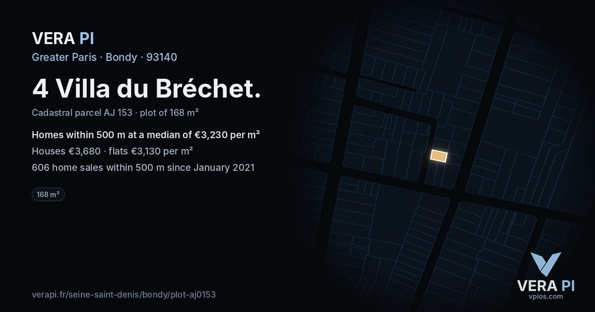 4 Villa du Bréchet, Bondy at night – the plot lit, the parcels around coloured by the prices near them