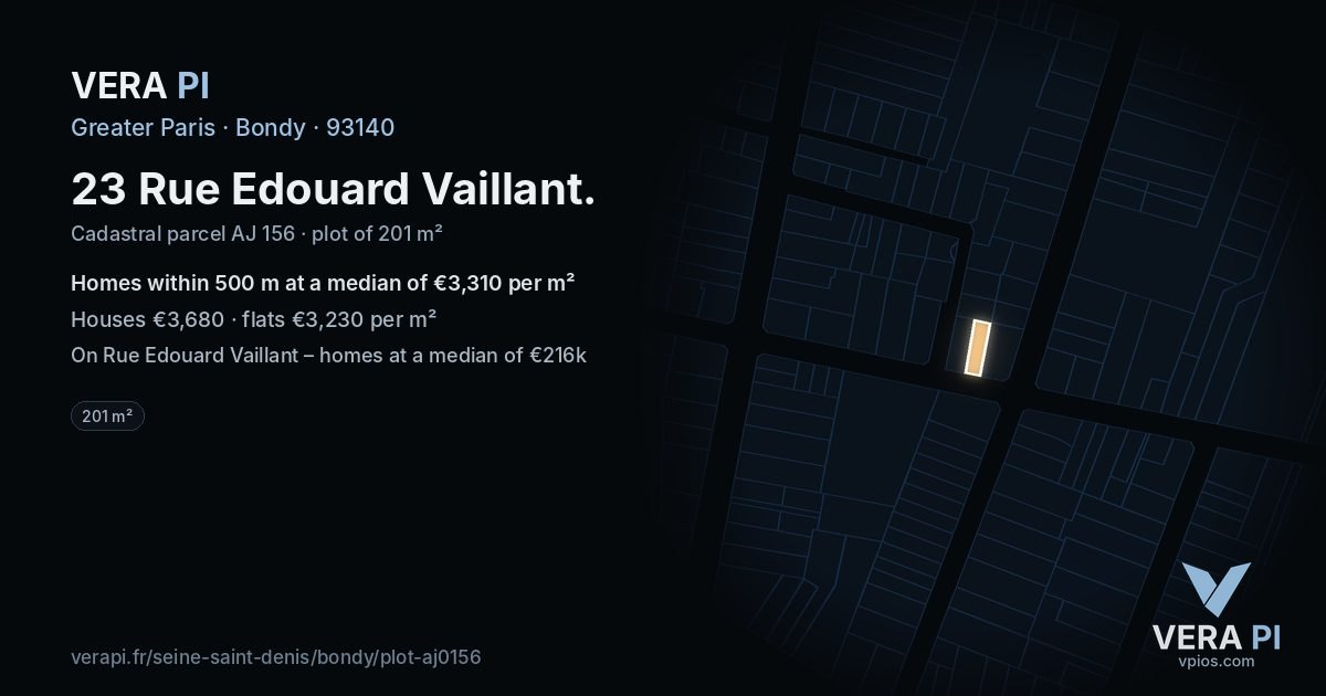 23 Rue Edouard Vaillant, Bondy at night – the plot lit, the parcels around coloured by the prices near them