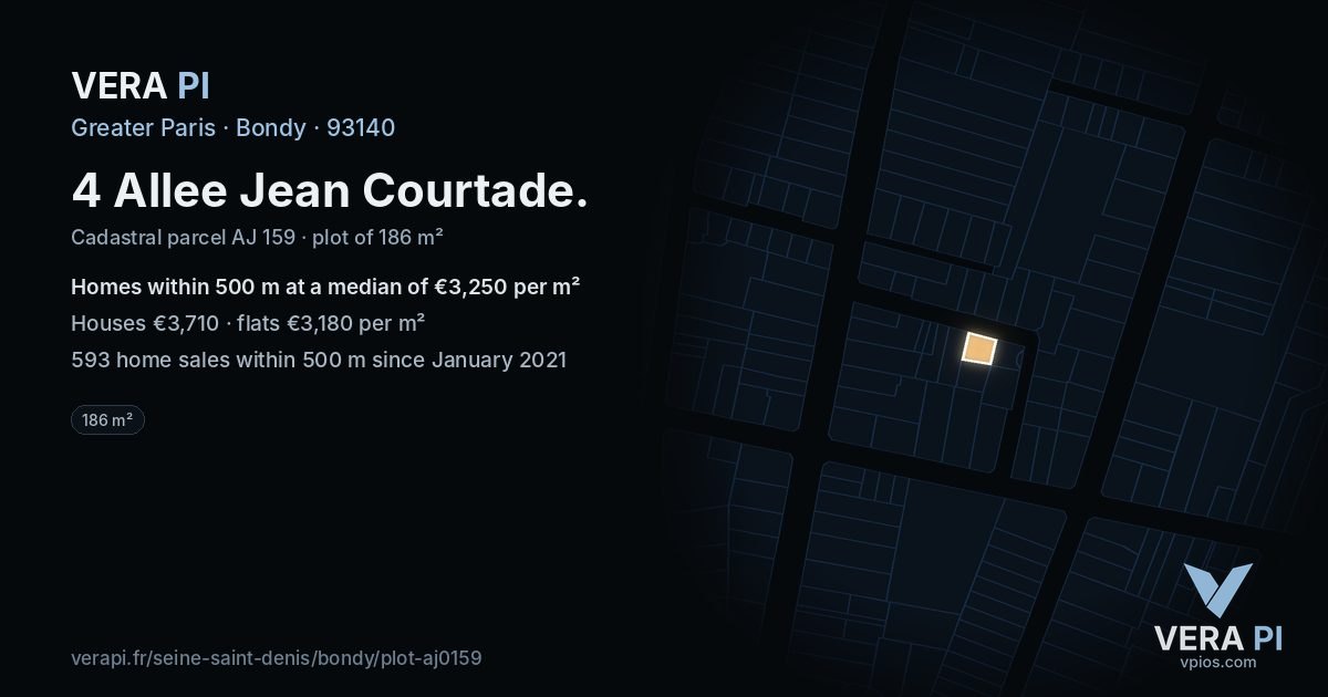 4 Allee Jean Courtade, Bondy at night – the plot lit, the parcels around coloured by the prices near them