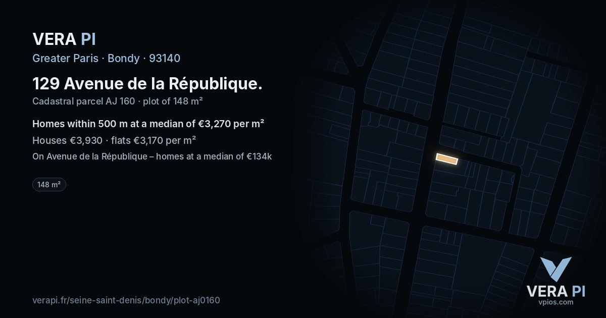 129 Avenue de la République, Bondy at night – the plot lit, the parcels around coloured by the prices near them
