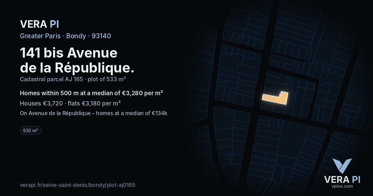 141 bis Avenue de la République, Bondy at night – the plot lit, the parcels around coloured by the prices near them