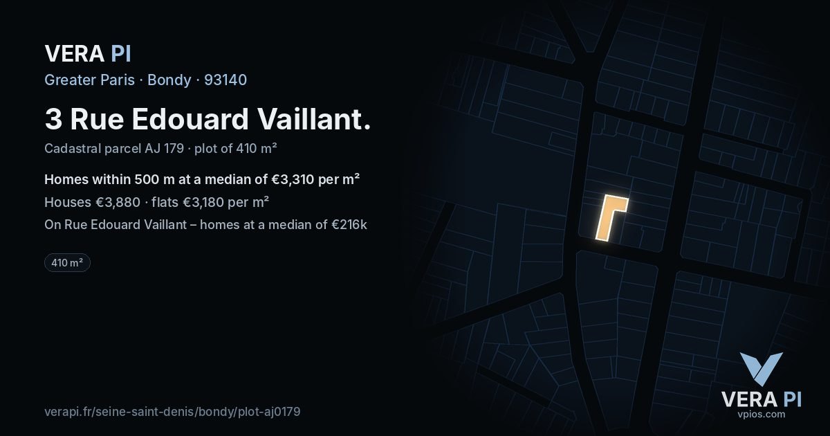 3 Rue Edouard Vaillant, Bondy at night – the plot lit, the parcels around coloured by the prices near them