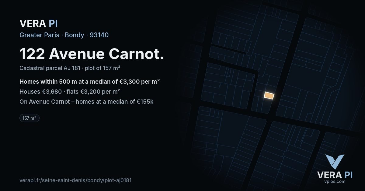 122 Avenue Carnot, Bondy at night – the plot lit, the parcels around coloured by the prices near them
