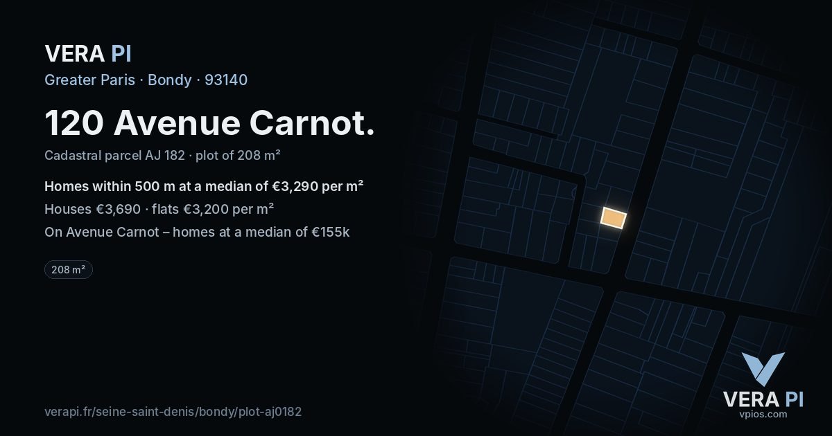 120 Avenue Carnot, Bondy at night – the plot lit, the parcels around coloured by the prices near them